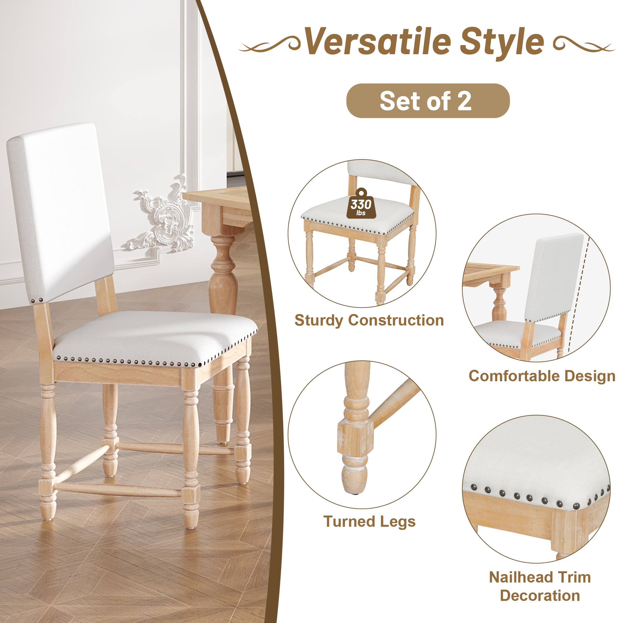 EUROCO 82.7" 7PCS Vintage Extendable Dining Table Set for 6-8,Wood Dining Room Table Set with Removable Leaf,4 Serrated Back Chairs and 2 Upholstered Back Dining Chairs,Rectangular Table Set for 6