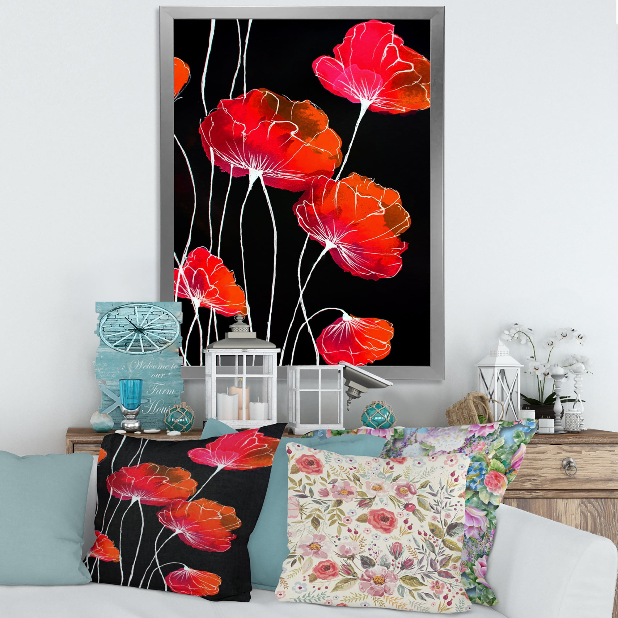 Designart 'Abstract Red Flower Detail On Black Background II' Traditional Framed Art Print