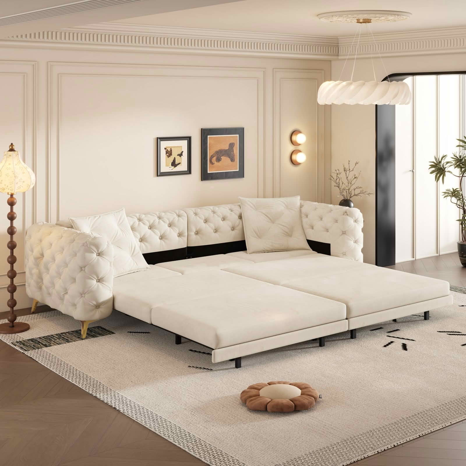 MAYEERTY 97.7" 3‑in‑1 Convertible Sleeper Sofa Bed, Deep‑Seat Tufted Velvet 4‑Seater Couch with Movable Ottoman, 2 Pillows Included