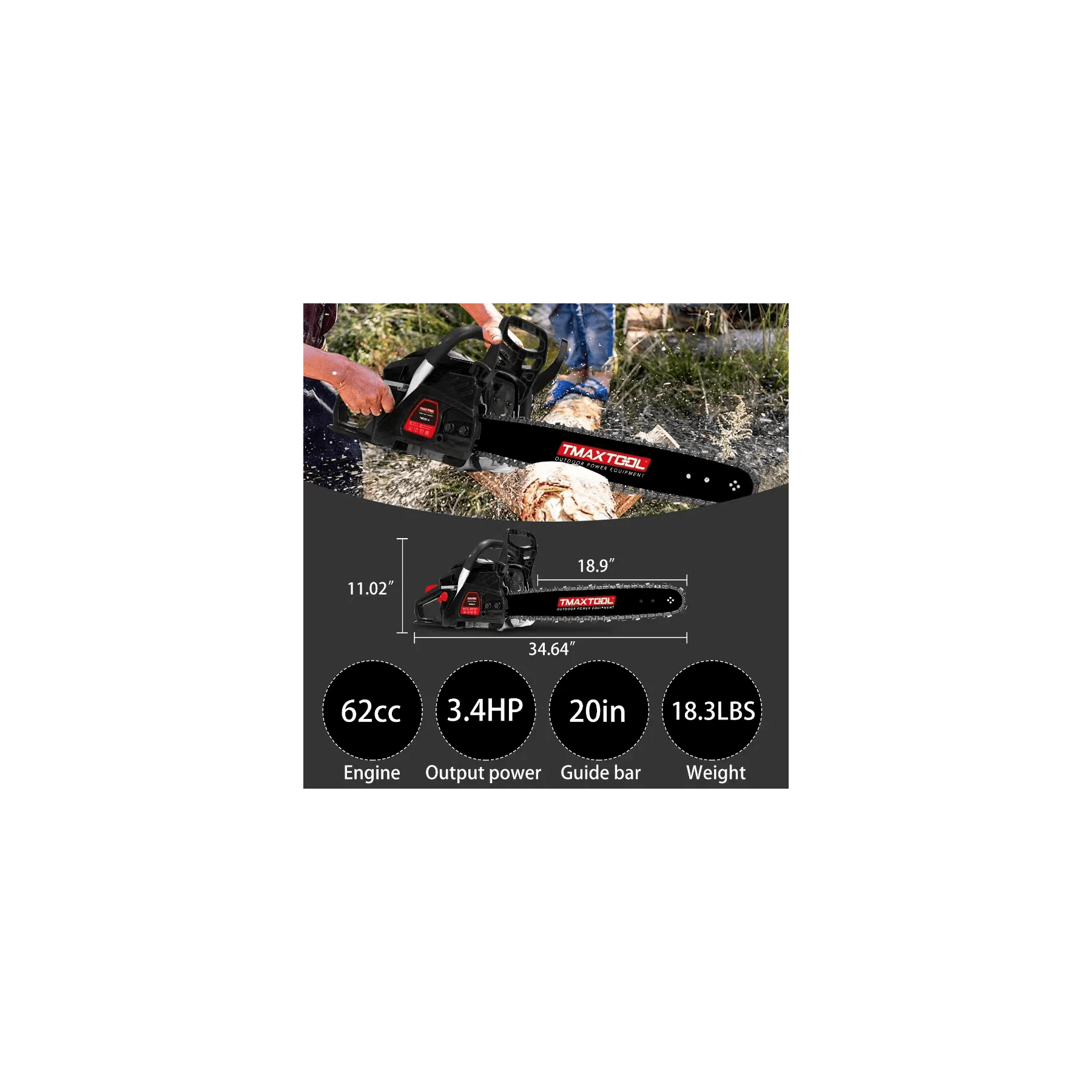62cc Powerful 20 inch Gas Chainsaw with 2 Stroke - Perfect for Pruning, Limbing, and Sawmill Operations,Black