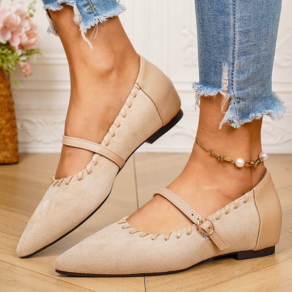 ZunFeo Womens Mary Jane Flats Pointed Toe Velvet Adjustable Buckle Strap Comfy Everyday Work Shoes Beige,Size 7.5