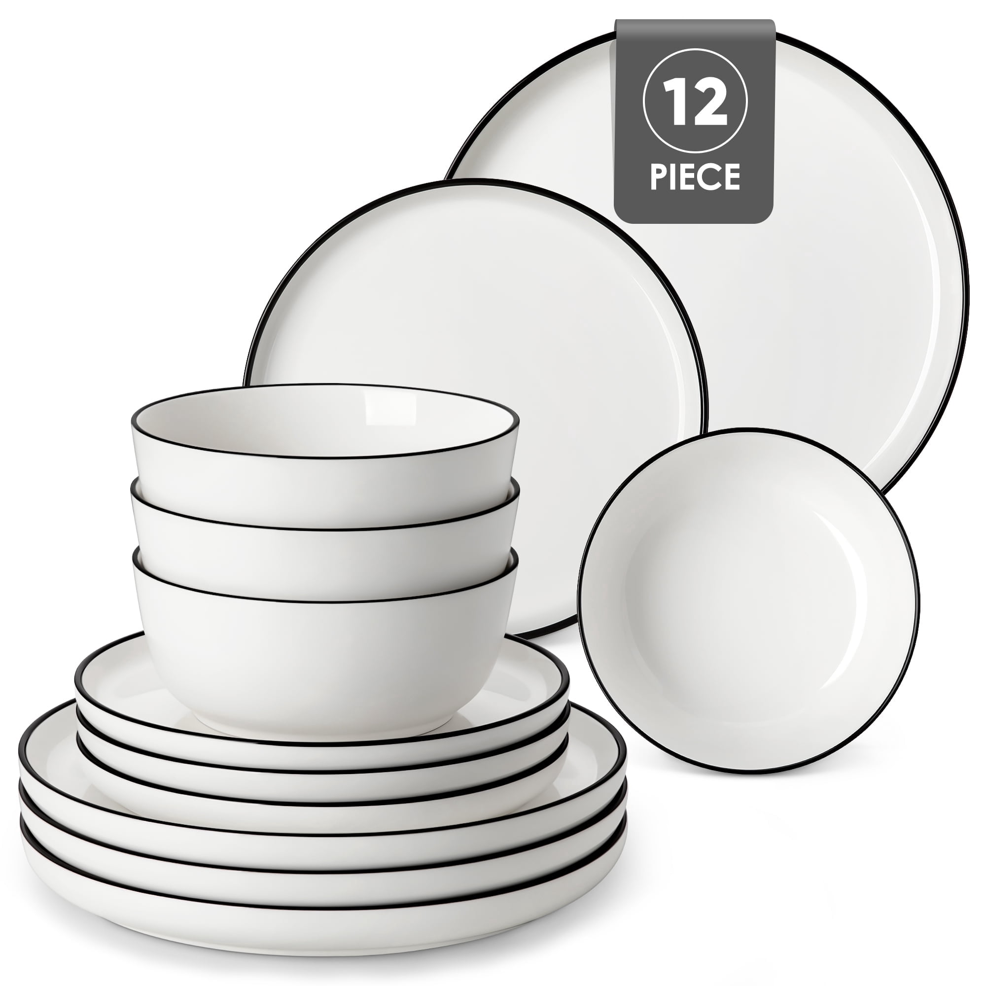 MALACASA Ceramic Dinnerware Set 12-Piece, Service for 4, Plates Bowls Set with Black Rim Microwave Dishwasher Safe, White, Series MINA