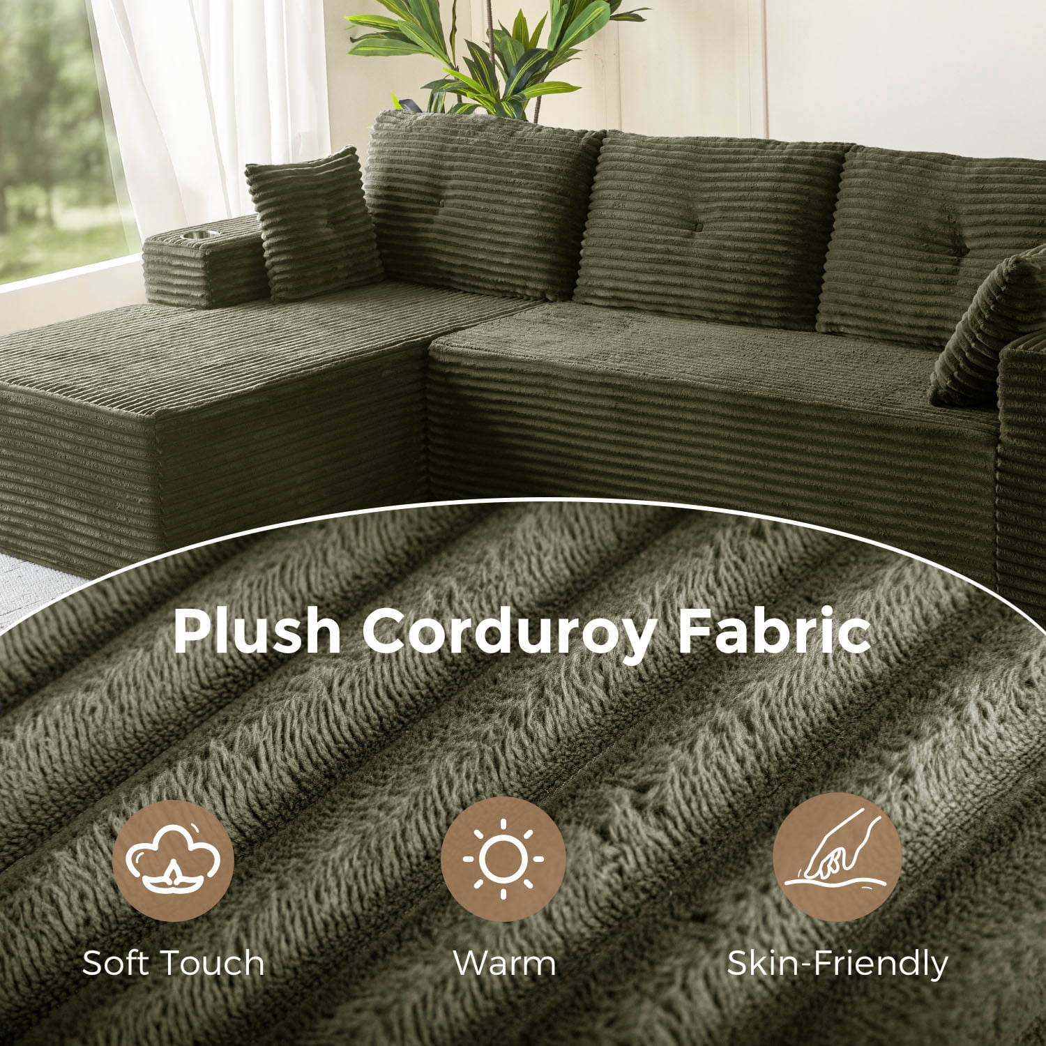 BYBYME 104" Cloud Sectional Couch with L-Shape Chaise Modern Comfy Modular Plush Corduroy Sofa for Living Room,No Assembly Required,Left Facing Chaise,Green