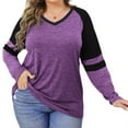 thumbnail image 2 of Long Sleeve Women V-neck T-shirt Color Block Striped Plus Size Casual Shirt Tops, 2 of 4