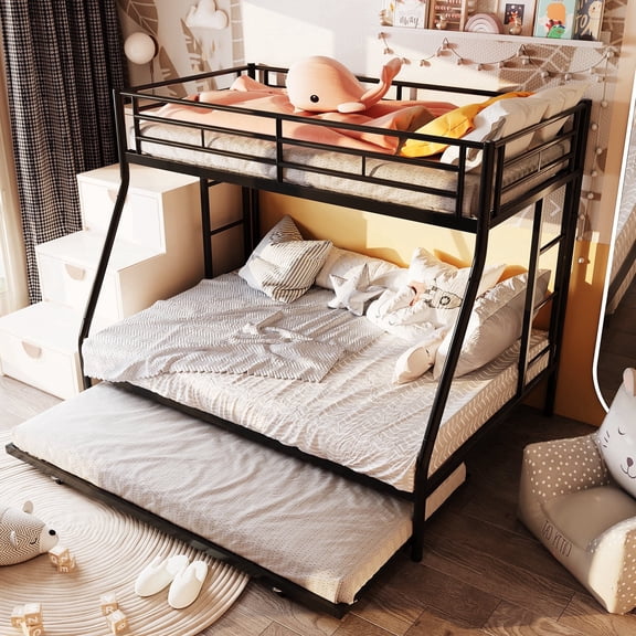 Walsunny Metal Bunk Beds Twin over Full Metal Loft Beds Frame with Pullout Trundle Guardrail Secured Ladder for Adults Girls Boys Bedroom Loft Dormitory,Black