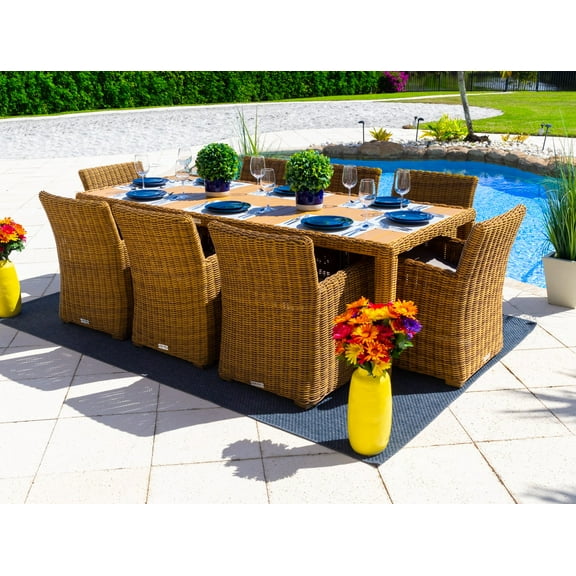 Malmo 9-Piece Resin Wicker Outdoor Patio Furniture Dining Table Set In Natural w/ Dining Table and Eight Chairs (Full-Round Natural Wicker, Sunbrella Canvas Aruba)