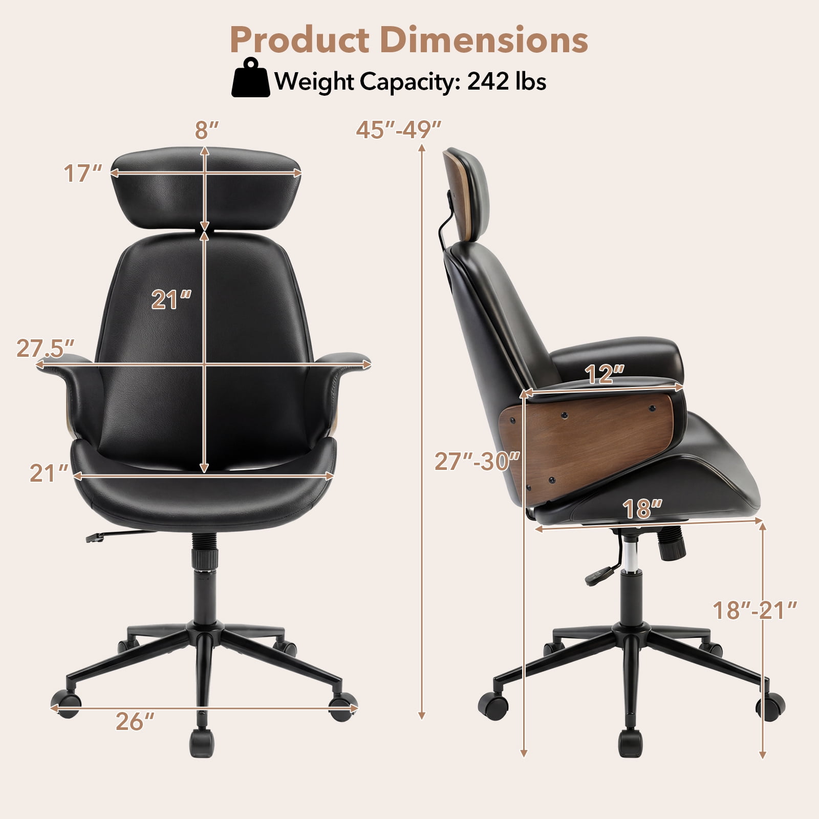 Costway Ergonomic Office Chair with Headrest, Adjustable Height, Faux Leather & Metal Base