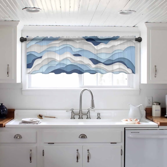 Blue White Ombre Valance Curtains for Kitchen/Living Room/Bathroom/Bedroom Window, Modern Geometric Moire Abstract Art Rod Pocket Small Topper Half Short Window Curtains Voile Sheer Scarf 42"x18"