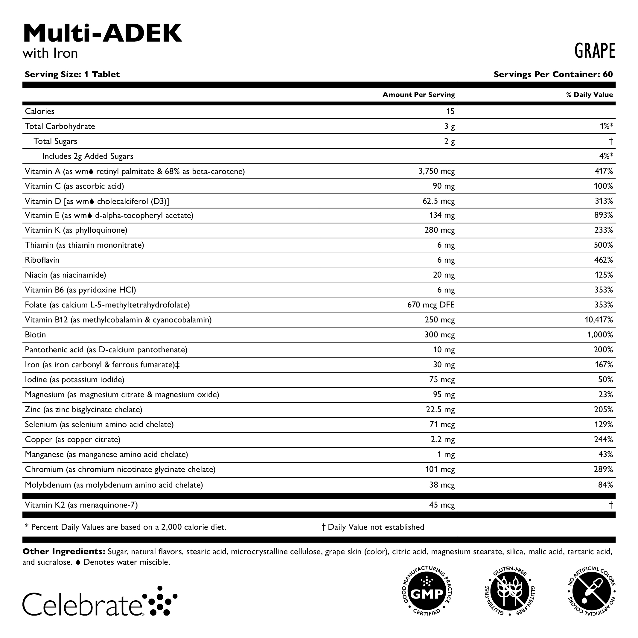 Celebrate Vitamins High ADEK Bariatric Multivitamin with Iron Chewables, 60 mg Iron, Grape, 180 count