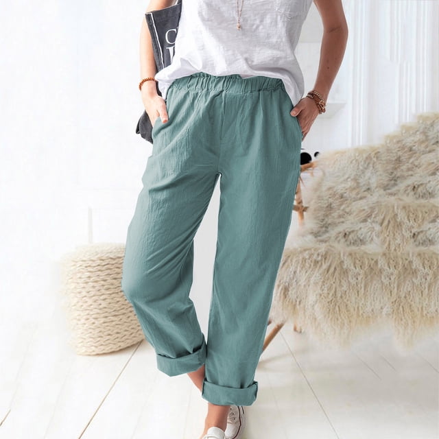 Mikilon Women Casual Solid Color Pockets Elastic Waist Comfortable Straight Pants