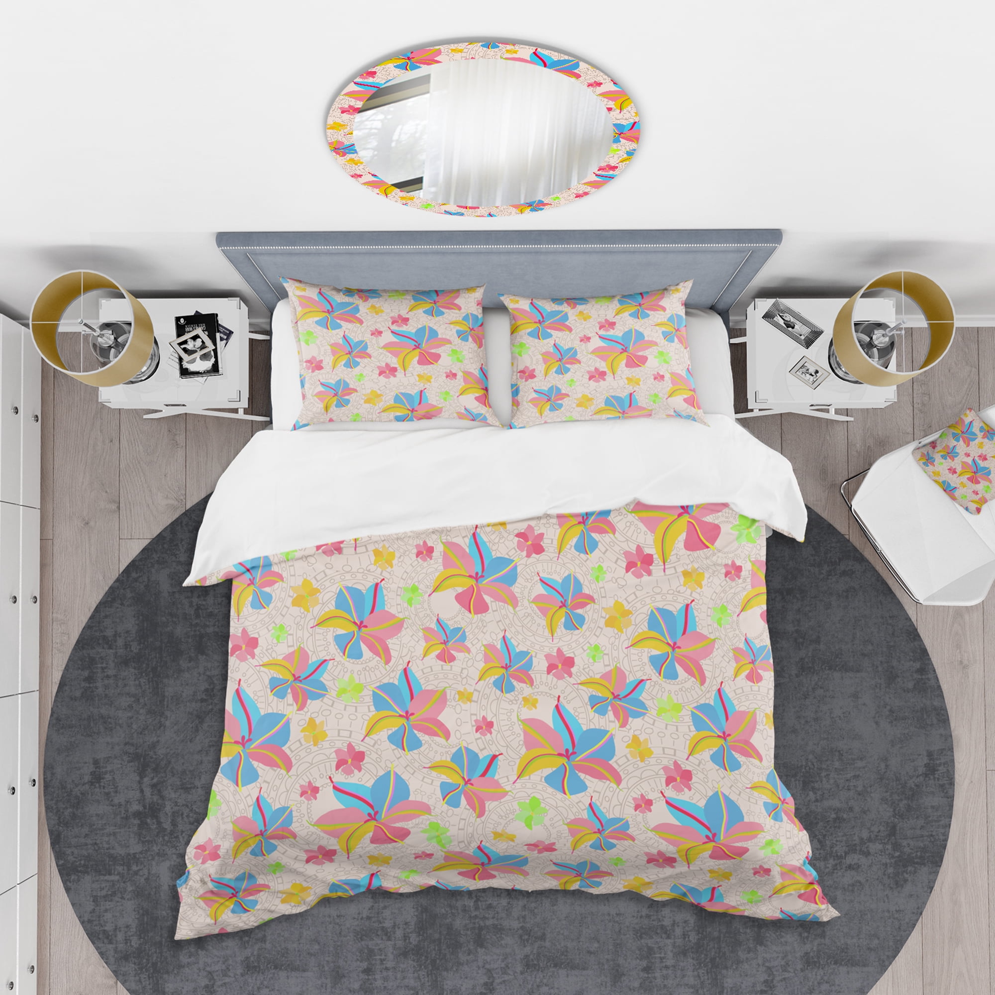 Designart 'Retro Pink Yellow Flowers' Mid-Century Modern Duvet Cover Set