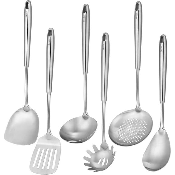 18/10 Stainless Steel Kitchen Utensils Set, 6 PCS All Metal Professional Cooking Utensils, 15" Long Kitchen Tools - Spatula, Ladle, Skimmer Spoon, Pasta Serve, Large Spoon, Slotted Spatula Tunner