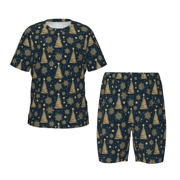 Balery Gold Snowflake Christmas Tree Conjunto de Pijama Infantil de Manga Corta con Estampado – Ropa de Dormir de Algodón Suave-Small