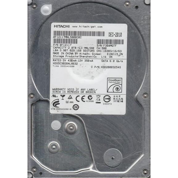 HDS5C3020ALA632, PN 0F12117, MLC MNL580, Hitachi 2TB SATA 3.5 Hard Drive