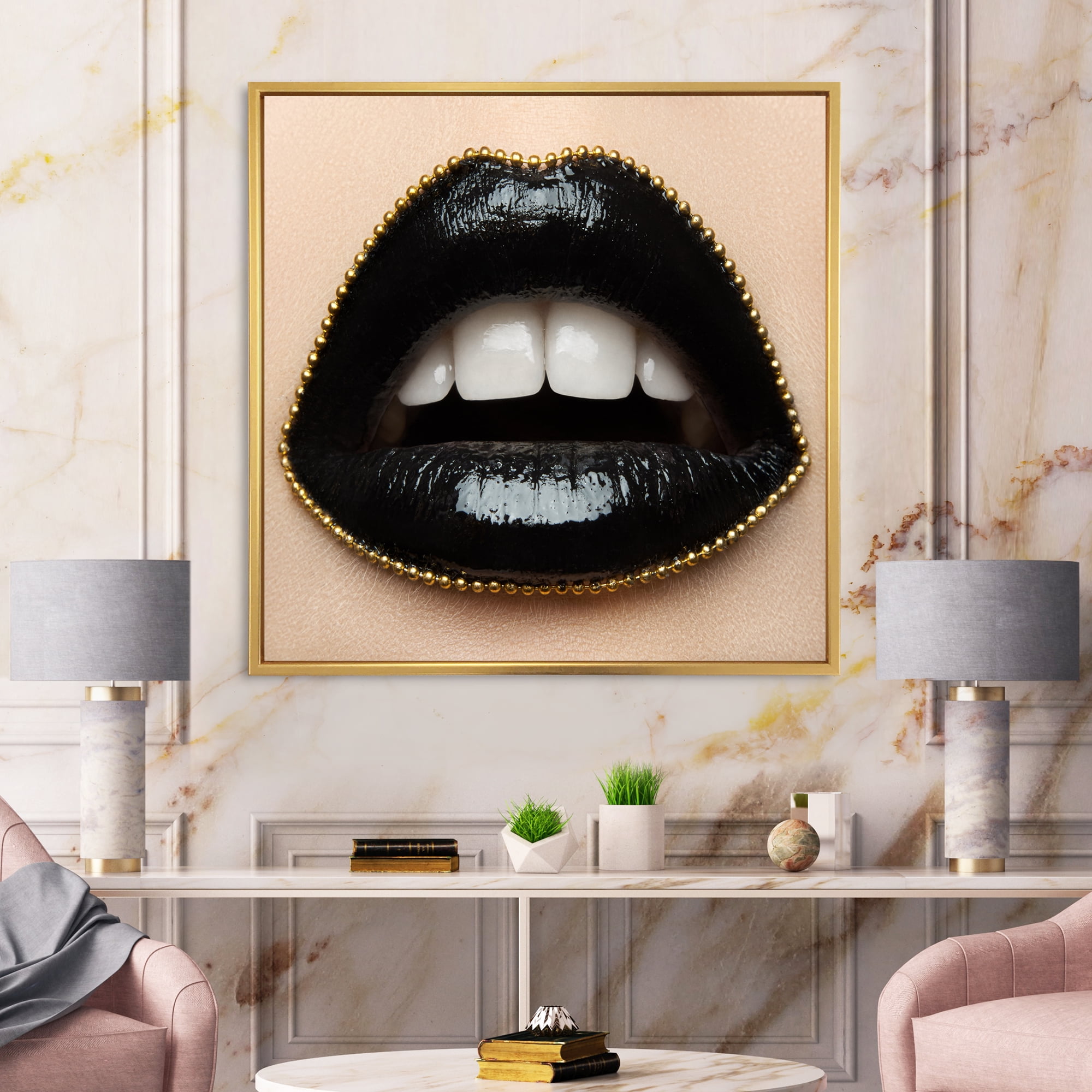 Designart 'Woman Lips With Black Lipstick & A Gold Chain' Modern Framed Canvas Wall Art Print