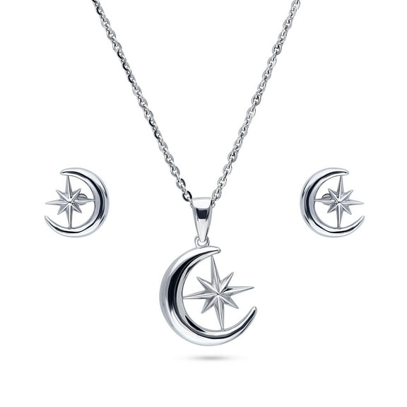 BERRICLE Sterling Silver Crescent Moon North Star Fashion Necklace and Earrings Set for Women, Rhodium Plated