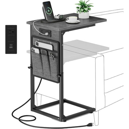 C Shaped End Table with Charging Station Adjustable Height Side Table for Couch Small Sofa Table with Storage Bag Slide Under Sofa TV Tray Snack Arm Tables for Living Room Bedroom Br