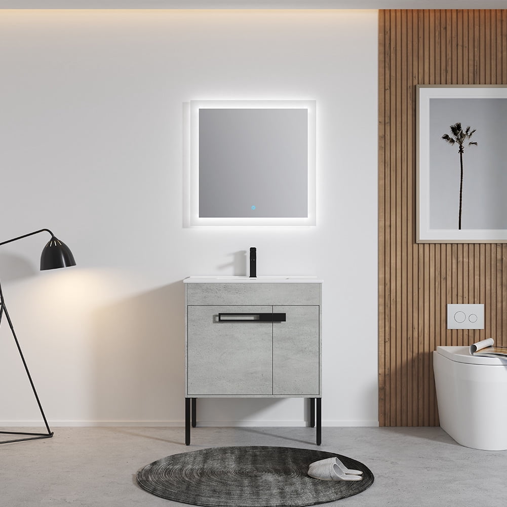 30" Bathroom Vanity with Sink Combo Bathroom Vanity Ceramic Single Basin Set with Doors Adjustable Shelves for Bathroom, Gray 30"