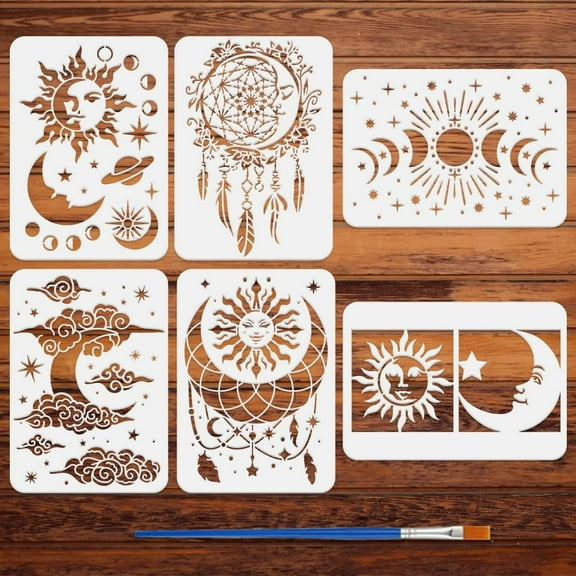 Colorful 6 PCS Sun Moon Stars Stencils with Brush 8.3x11.7inch Dream Catcher Stencil Clouds Moon Phases Template Reusable Fantasy Theme Template for Wood Floor Tile Home Decor