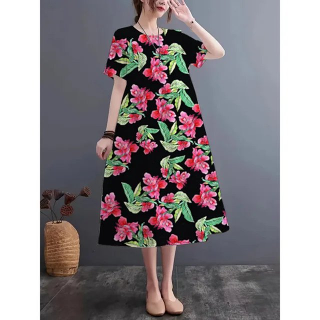 JUNWELL 2024 Nouvelle Mode Été Robe Imprimée Col Rond Manches Courtes Imitation Lin Robe Décontractée Ample Respirante et Confortable