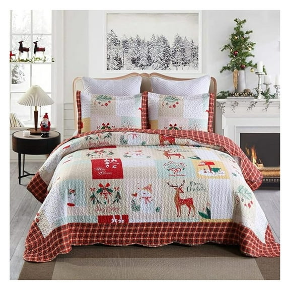 Christmas Quilt Set Red Queen Size - 3 Piece Bedspread with Pillow Shams - Festive Holiday Decor - 100% Polyester - Soft & Comfortable