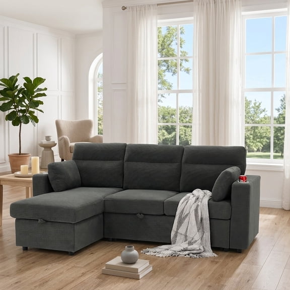 FFZ 83"L L-Shaped Sectional Sofa Bed with Storage Chaise, Cup Holders & 2, Dark Gray