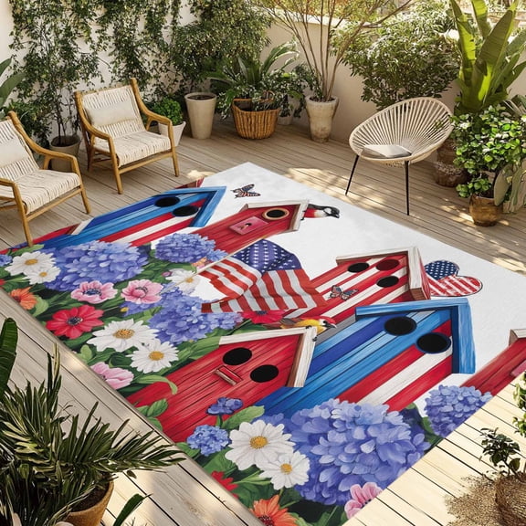 Fsddascl American Flag Outdoor Rug for Patio/Deck/Porch, Non-Slip Large Area Rug 6 x 9 Ft, Spring Garden Floral Birds House Indoor Outdoor Rugs Washable Area Rugs, Reversible Camping Rug Carpet