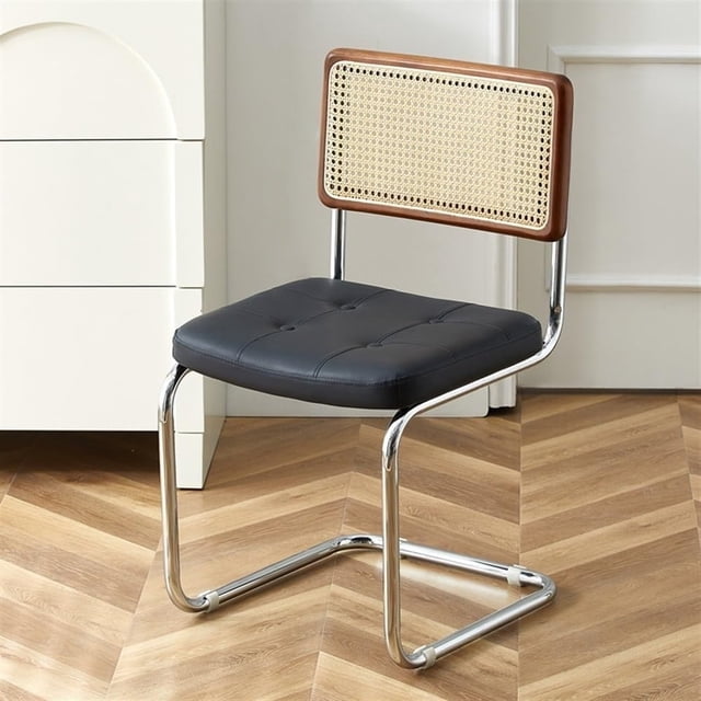 Stool, Retro Dining Chairs with Rattan Backrest Rattan Chair with Stainless Steel Frame Faux Leather Dining Chairs for Kitchen Living Room Dining Room(Black)