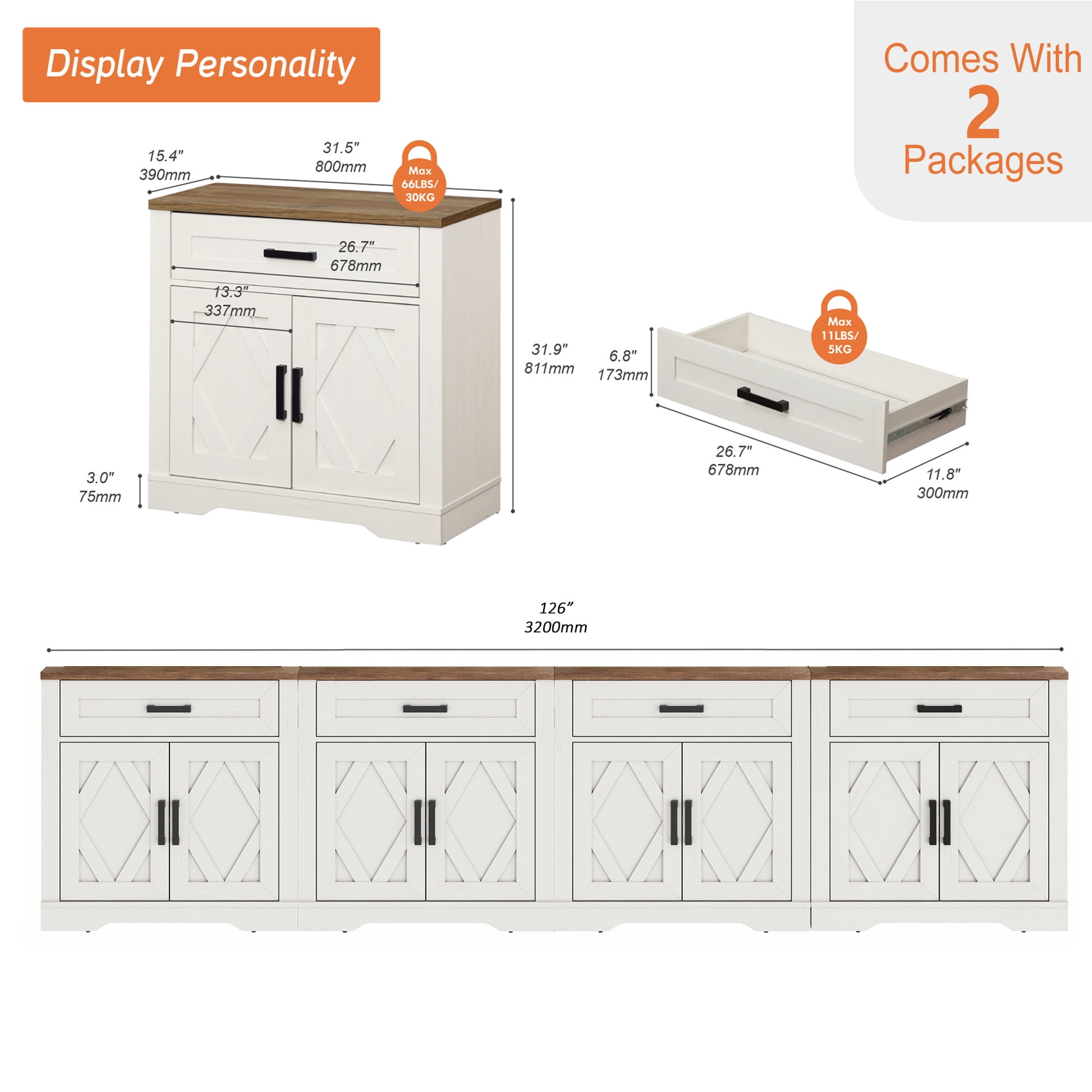 WAMPAT 126"W Large TV Stand,4-in-1 Farmhouse Entertainment Center with Storage Barn Door Cabinet,TV Console Table with Media Cabinet and Drawers for Living Room,Bedroom,Cream White