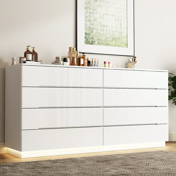 KULAGAGA High Gloss Dresser with Lights Chest of Drawers, Modern Glossy 8 Drawer Dresser with Curved Edge, for Bedroom White 15.7“D x 63”W x 30.9”H