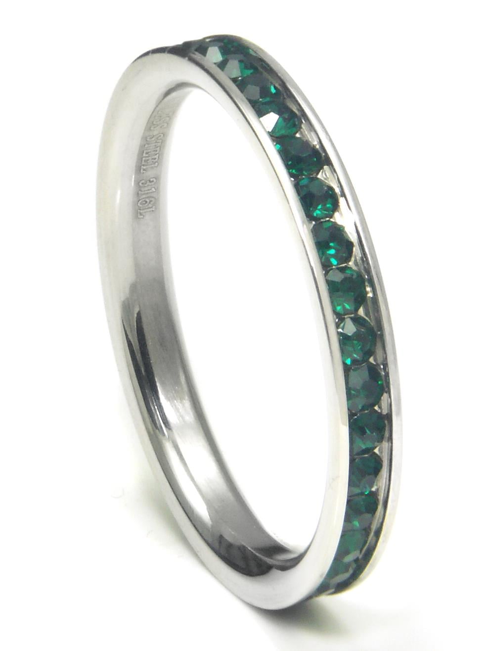 316L Stainless Steel Emerald Green Cubic Zirconia CZ Eternity Wedding 3MM Band Ring