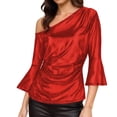 thumbnail image 1 of Tops de Manga Larga de las Mujeres con Brillo Metálico Y Textura de Costillas, Blusa Casual de Hombros para Fiesta Y Uso Cotidiano, Tops de Manga Corta de las Mujeres, 1 of 7
