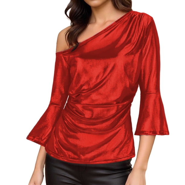 Tops de Manga Larga de las Mujeres con Brillo Metálico Y Textura de Costillas, Blusa Casual de Hombros para Fiesta Y Uso Cotidiano, Tops de Manga Corta de las Mujeres