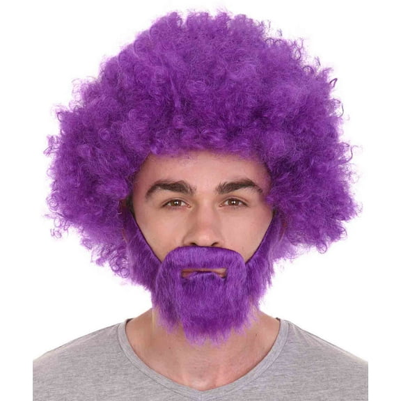 HPO Adult Unisex 80's Painter Purple Halloween Wig and Purple and Patches of Black Beard Set, Easy and Classic Celebrity Costume