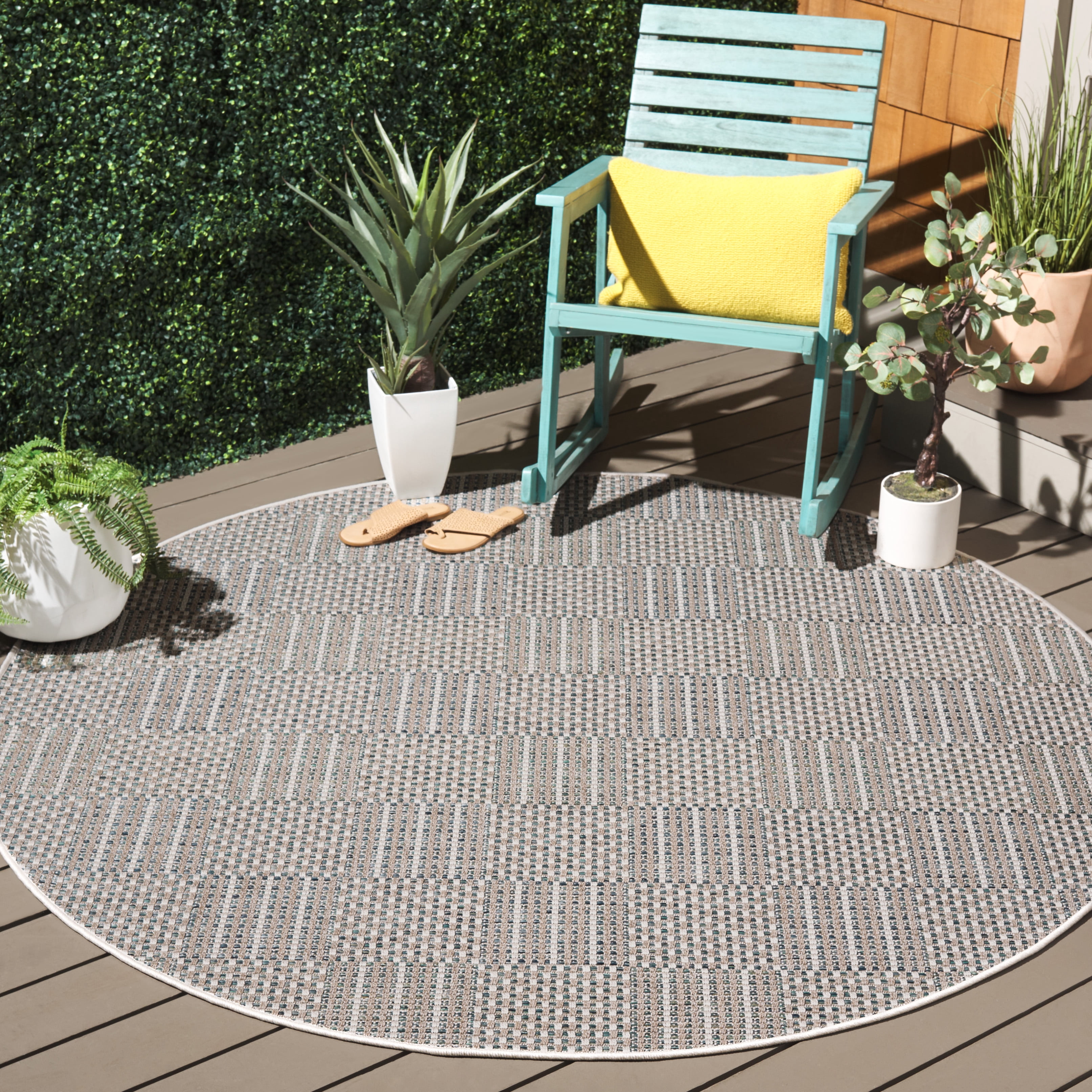 SAFAVIEH Sisal All-Weather Austen Geometric Indoor/Outdoor Area Rug, Aqua/Beige Ivory, 6'7" x 6'7" Round