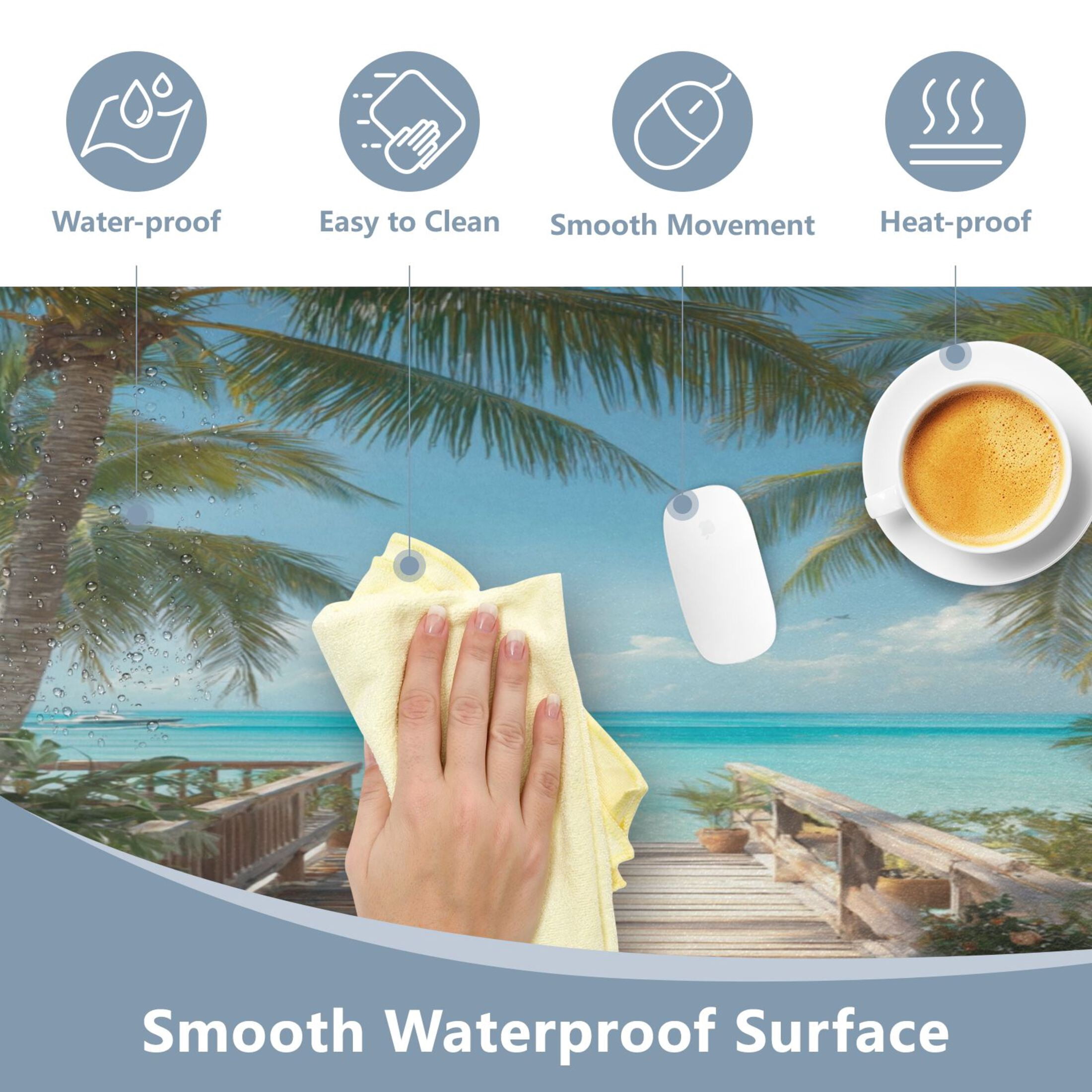 Leather Desk Pad Protector Mouse Pad Laptop Desk Mat Non-Slip Waterproof for Office and Home Giant Golden Whale Palm Trees and Ocean