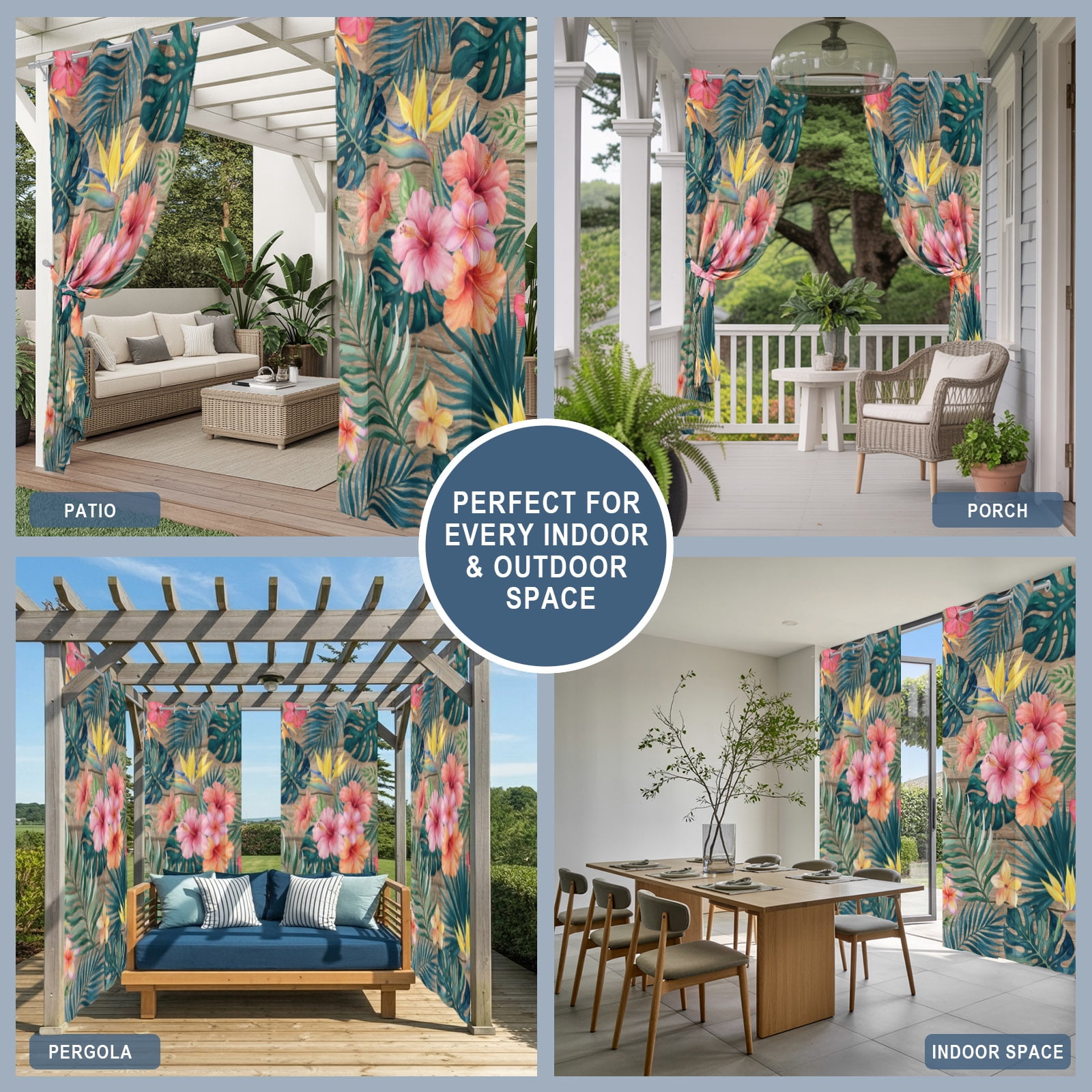 Pink Hibiscus Flower Outdoor Curtains for Patio, Palm Leaf Summer Coastal Tropical Botanical Vintage Sunshade Privacy Drapes Grommet Waterproof Outside Curtains for Porch Balcony 54"x108", 1 Panel