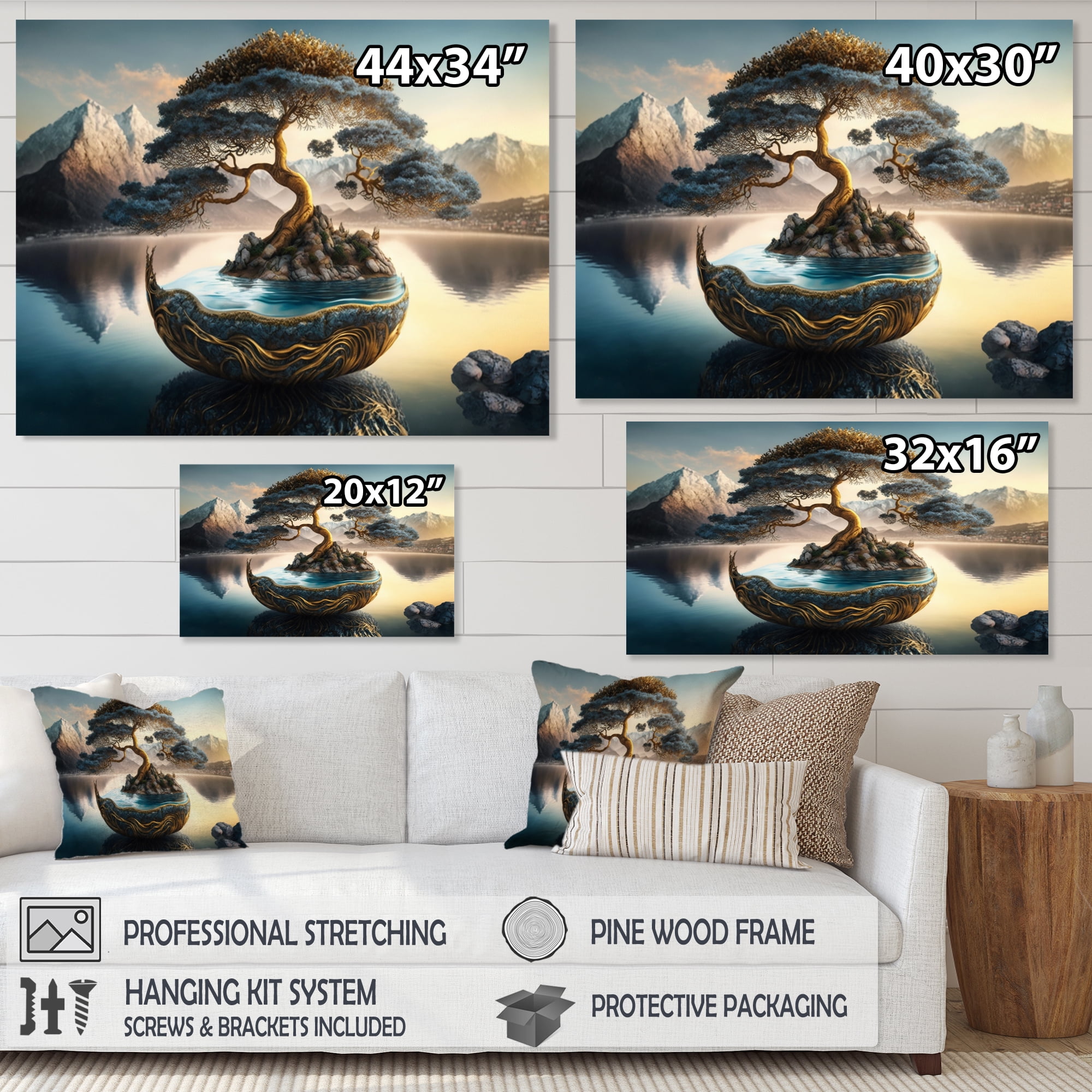 Designart Golden Bonsai Tree Canvas Wall Art
