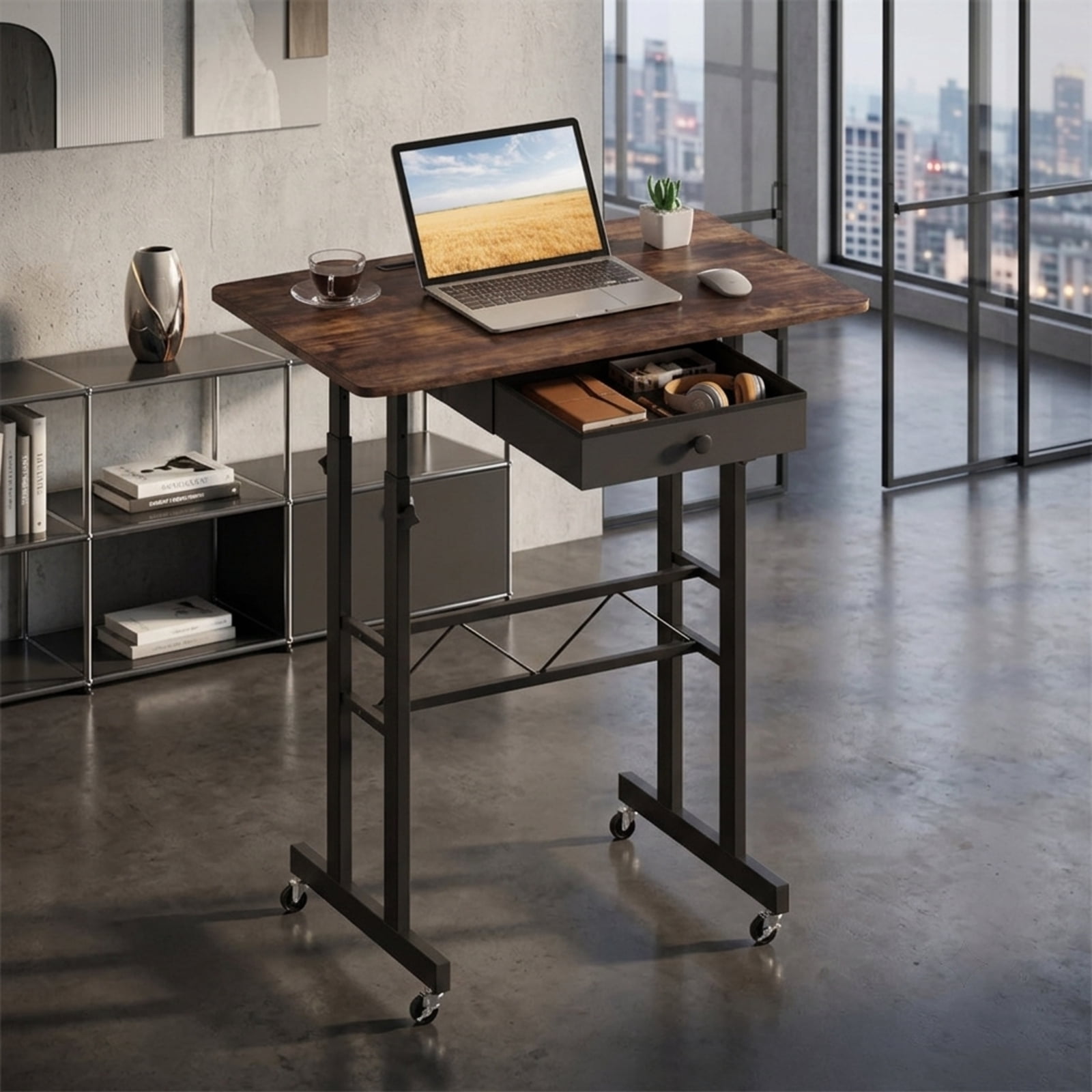 Furnibear Height Adjustable Standing Laptop Desk with Fabric Drawer Tablet Holder Lockable Wheels and Sit Stand Design for Home Office, Rustic Brown