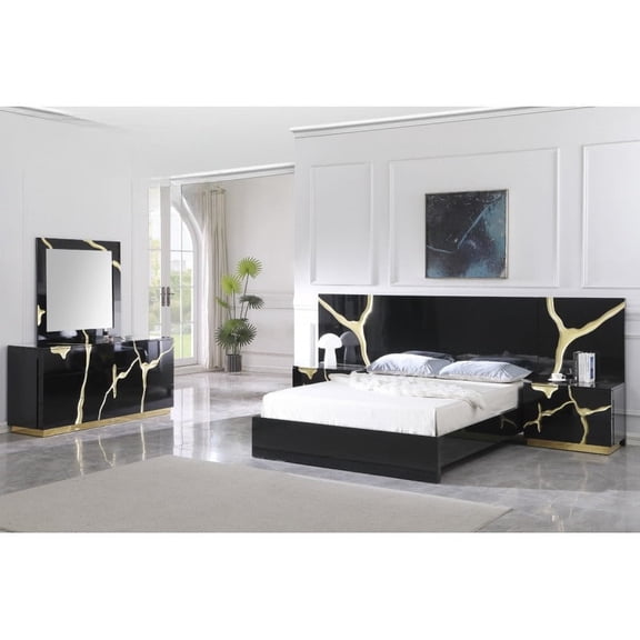 Modern Luxurious 5-Piece Eastern King Bedroom Set, High Gloss Finish Wood Bed Set with Gold Vein Accent, Black