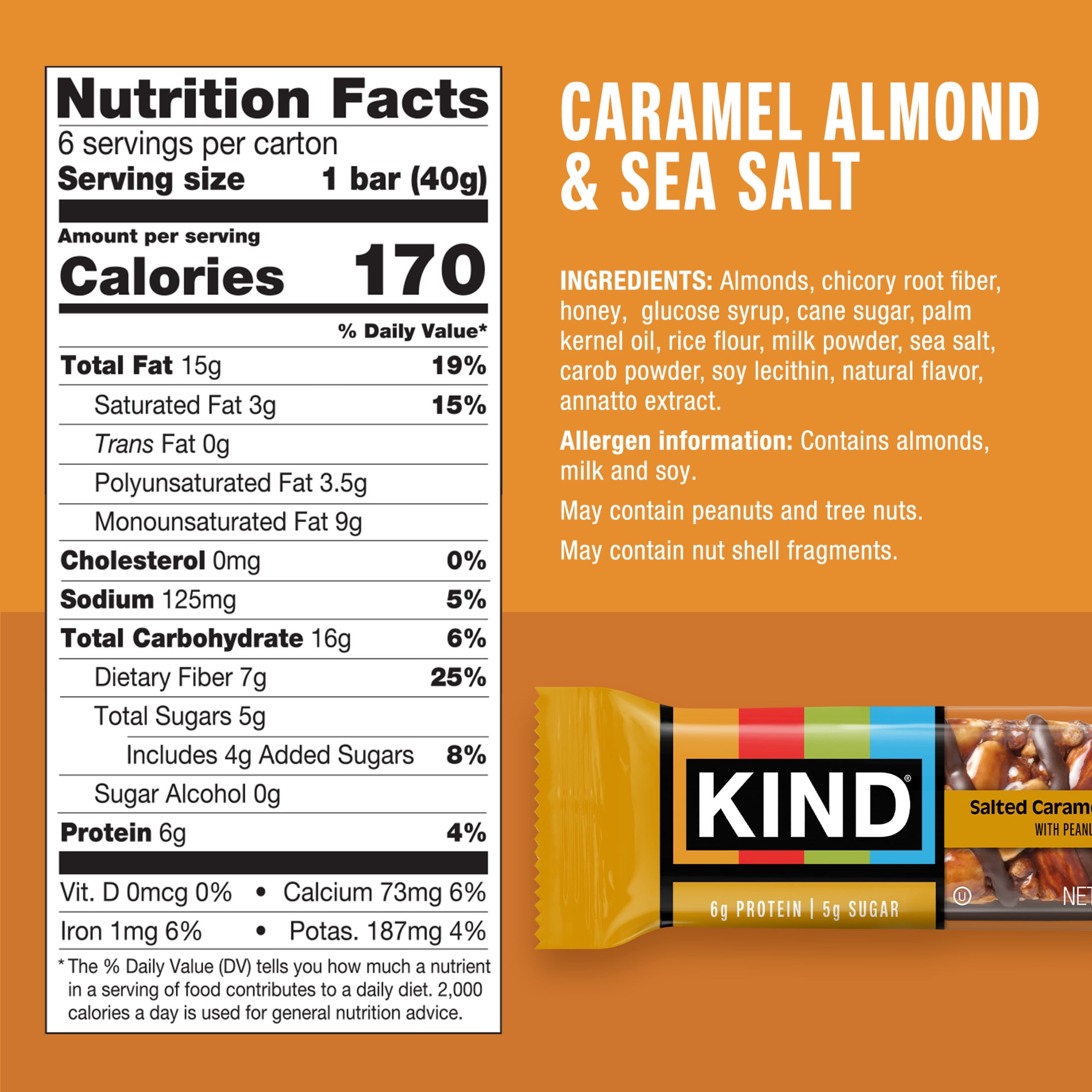 KIND Snack Bars, Caramel Almond & Sea Salt, Gluten Free, 6g Protein, 1.4oz, 6 Count