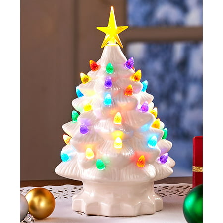 Retro Tabletop Lighted Ceramic Christmas Trees Green or White with Multi Lights NEW (White,