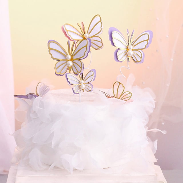 3Pcs/Set Cake Toppers Cute Small Lightweight Faux Pearl Butterfly Birthday Cake Toppers for Party