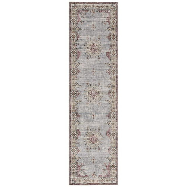 Lennox 2' x 8' washable runner rug in pale blue and ivory with a distressed antique French Aubusson floral pattern, featuring soft pastel blues, pinks, and muted reds, bordered by an ivory frame with floral medallions, made of stain-resistant polyester with nonslip backing, ideal for high-traffic areas like kitchens, hallways, or laundry rooms, and suitable as a pet-friendly, easy-care floor covering.