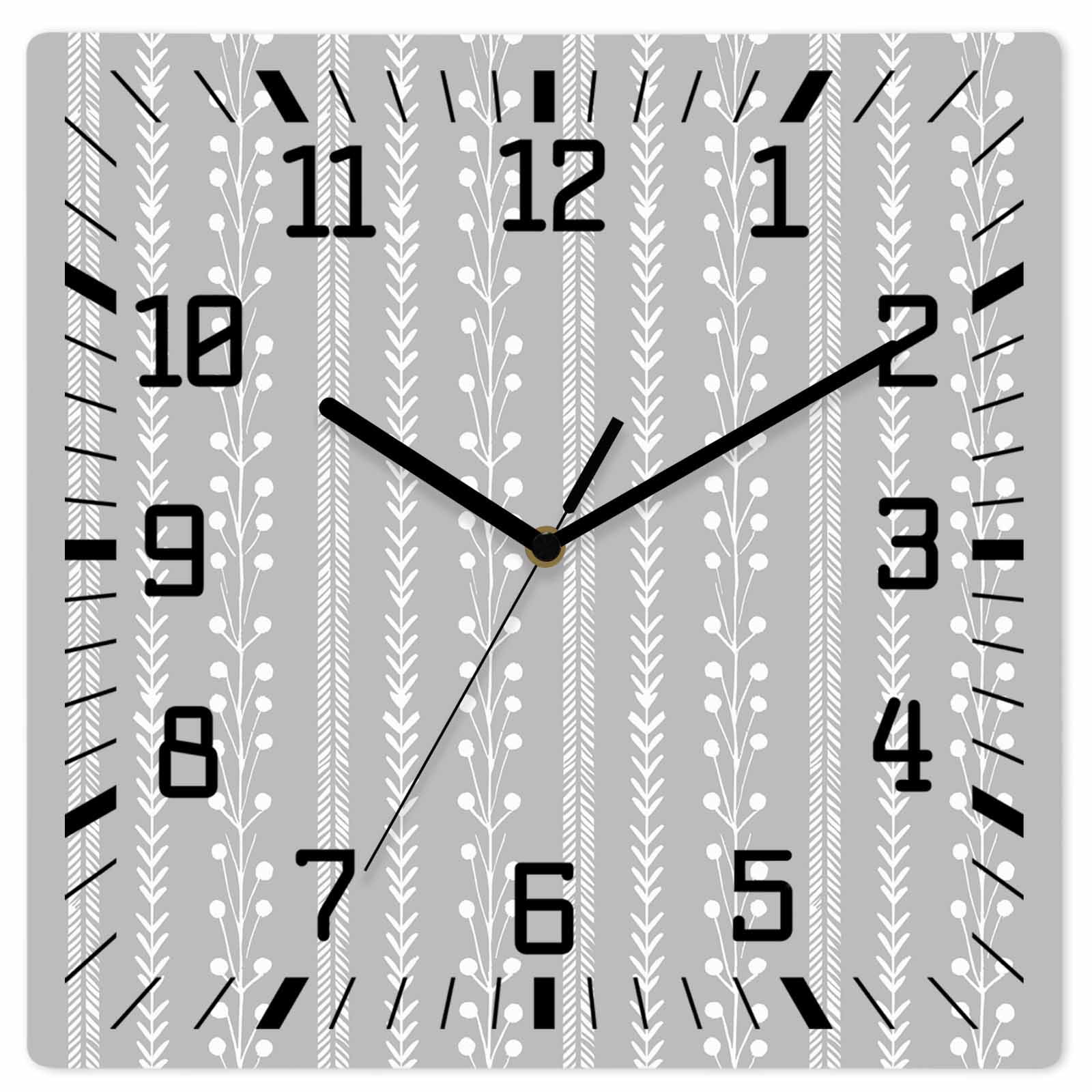 Ash Gray Wall Clock Rustic Vertical Dashed Lines Shabby Chic Leaf Cottagecore 12 Inch Wooden Wall Clock Silent Non Ticking Wall Clocks Quartz Battery Operated Square Clock for Living Room Bedroom