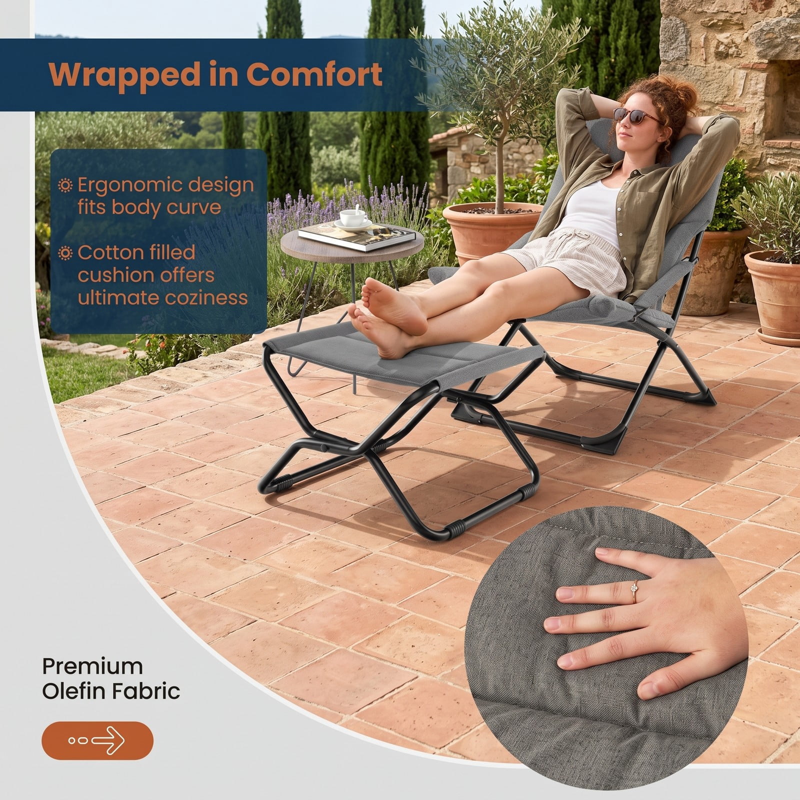 Furnibear Folding Padded Sling Chair with Ottoman Footrest and Removable Cushion for Outdoor Patio and Camping Use, Gray