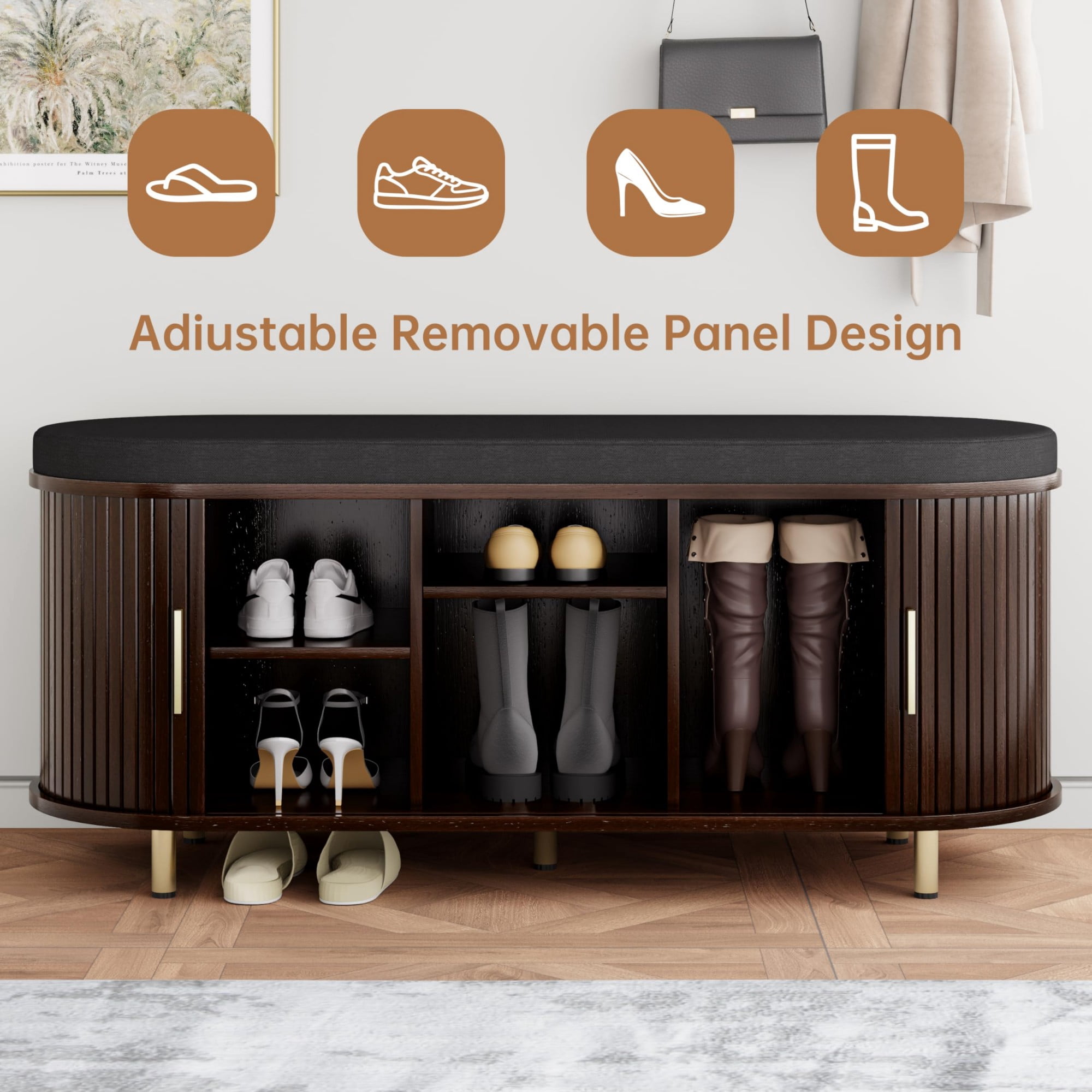 2-Tier Storage Bench with Cushion, 43“ Wide Shoe Bench with Fluted Sliding Door & Adjustable Shelf, Entryway Shoe Rack, Coffee