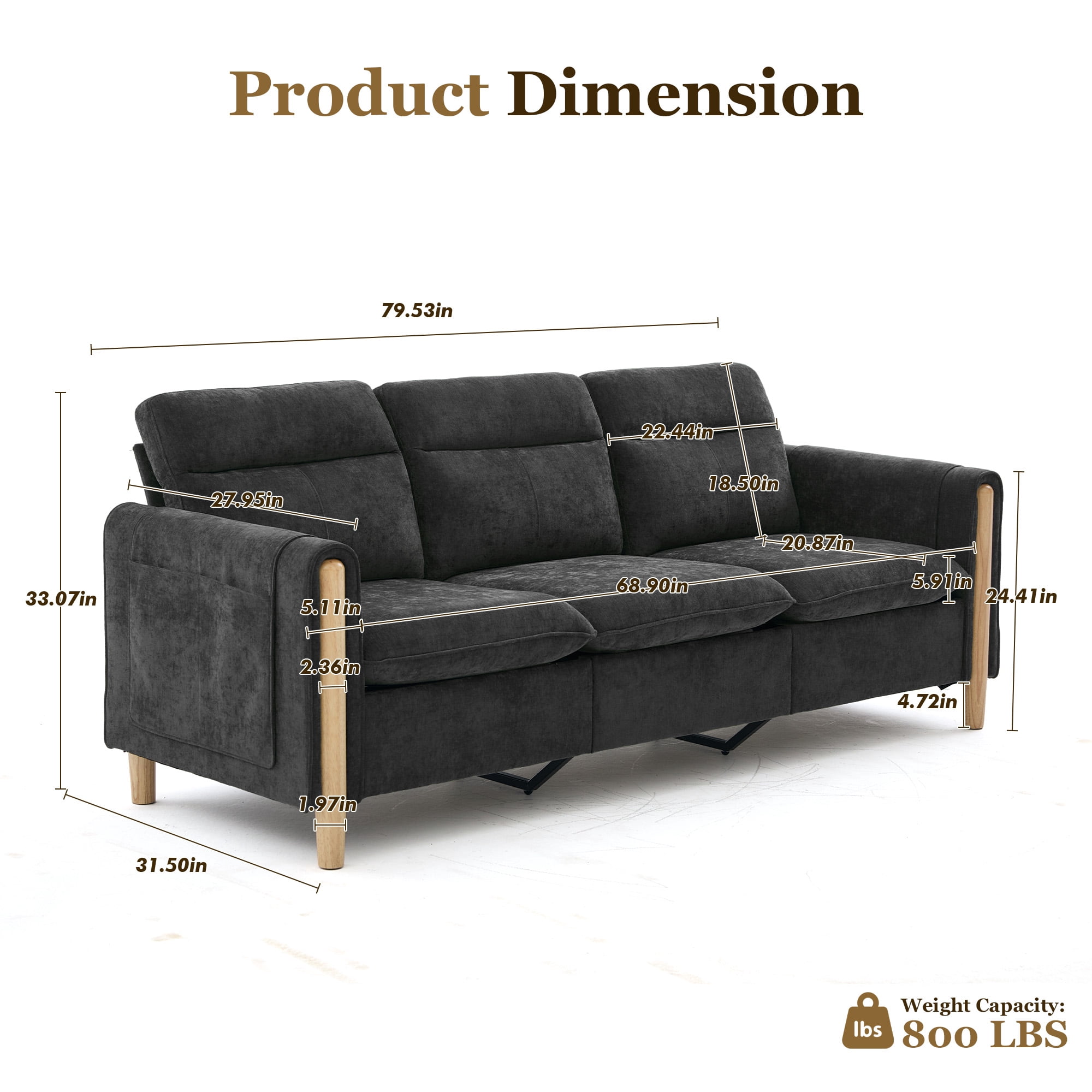 MOONMISS 3-Seater Chenille Sectional Sofa with Side Pocket for Living Room,Black