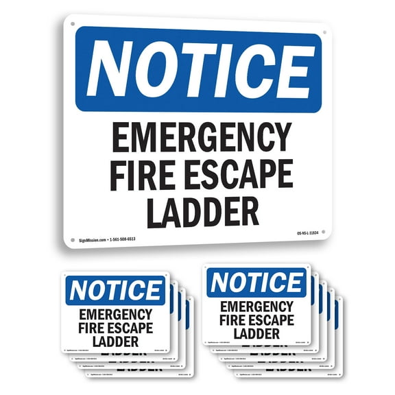 Emergency Fire Escape Ladder OSHA Notice Rigid Plastic Sign 10 Inch x 7 Inch - 10 Pack
