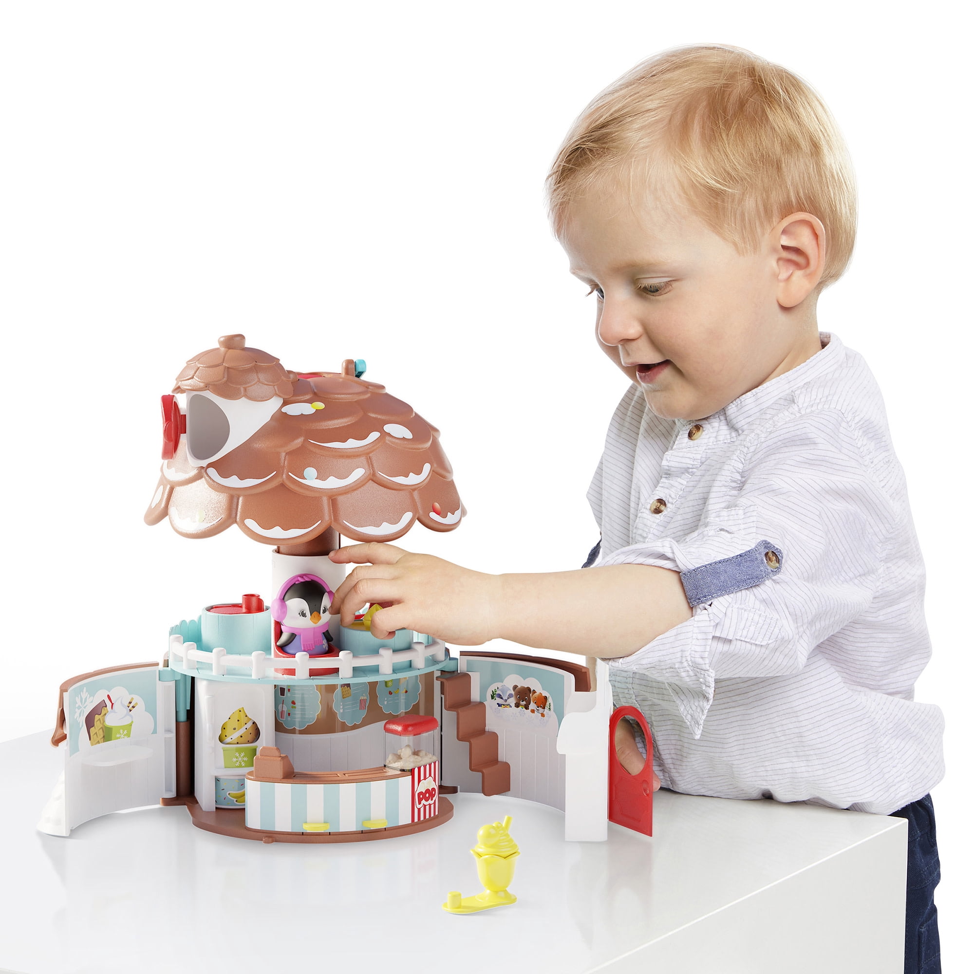 Timber Tots: The Pine Cone Snack Bar - 5pc Dessert Toy Playset, Penguin Animal Figurine, Open & Reveal Treats Shop, Pop-Up Feature, Kids-Toddler 18Mo+